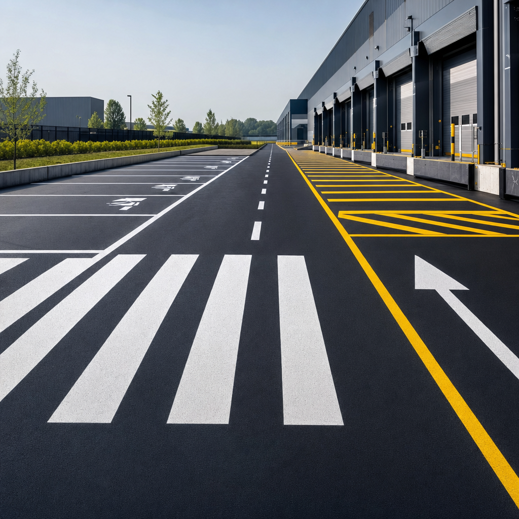 Large cour pavée industrielle avec passages piétons blancs et zones de stationnement, mur de hangar et lignes jaunes; exemple de revêtement sol industriel.