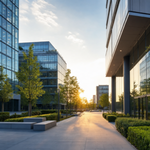Vue d’une cour moderne entre bâtiments en verre au soleil couchant, espaces pavés et arbres alignés; ambiance urbain intemporelle avec revêtement sol résine possible.