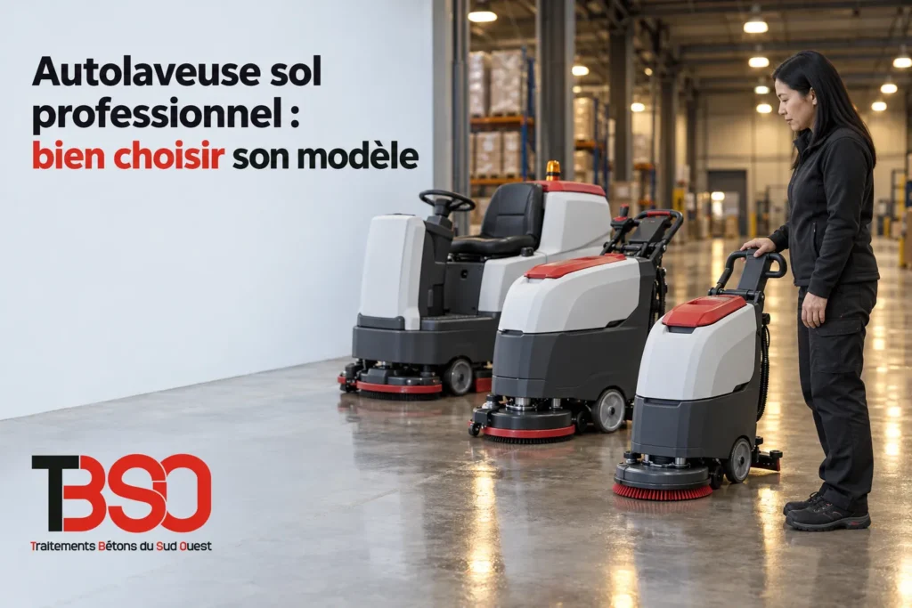 Trois autolaveuses professionnelles de différentes tailles alignées dans un grand espace, avec une opératrice à côté.